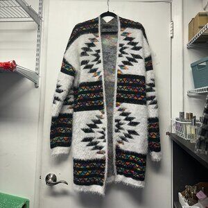 On Blue Aztec Design Fuzzy Cardigan Size M